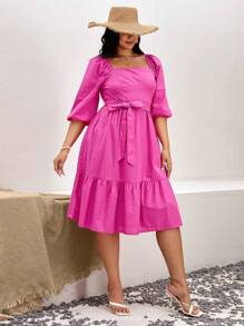 SHEIN VCAY Plus Square Neck Puff Sleeve Ruffle Hem Belted Dress
