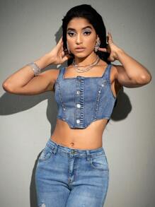 SHEIN BAE Button Front Crop Denim Tank Top - Blue - View 3
