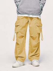 Men Flap Pocket Side Drawstring Waist Cargo Pants - Yellow - View 1