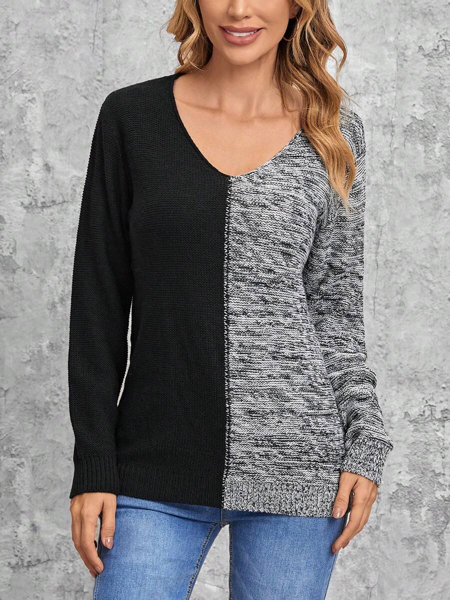 EMERY ROSE 雙色落肩袖套頭毛衣 - 彩色 - 查看 1