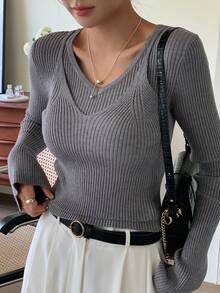 DAZY 二合一素色條紋針織套頭毛衣 - 淺灰色 - 查看 4