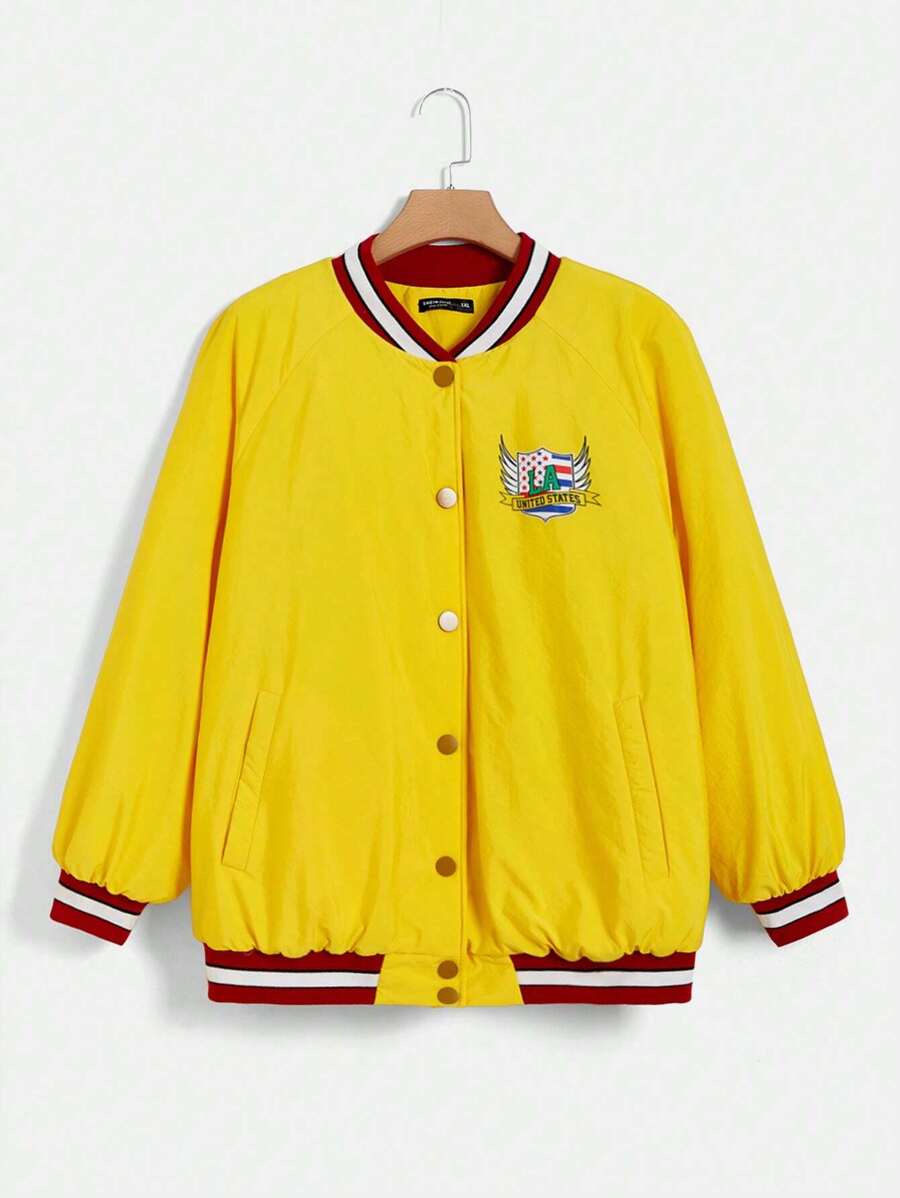 SHEIN EZwear 秋冬加字母图案条纹插肩袖运动夹克 - 黃色 - 查看 1