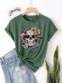 INAWLY Skull And Floral Print Tee Graphic Tees Women Tops - Dark Green - View 1