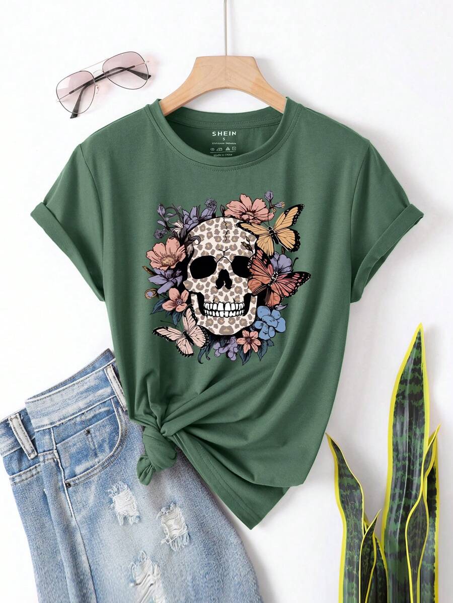 INAWLY Skull And Floral Print Tee Graphic Tees Women Tops - Dark Green - View 1