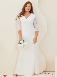 Plus Contrast Lace Zip Back Mermaid Wedding Dress - White - View 1
