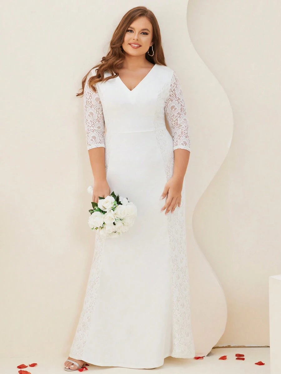 Plus Contrast Lace Zip Back Mermaid Wedding Dress - White - View 1