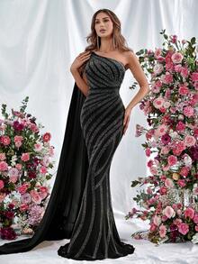 單肩超長袖魚尾裙下擺正式連衣裙 - 黑色 - 查看 4