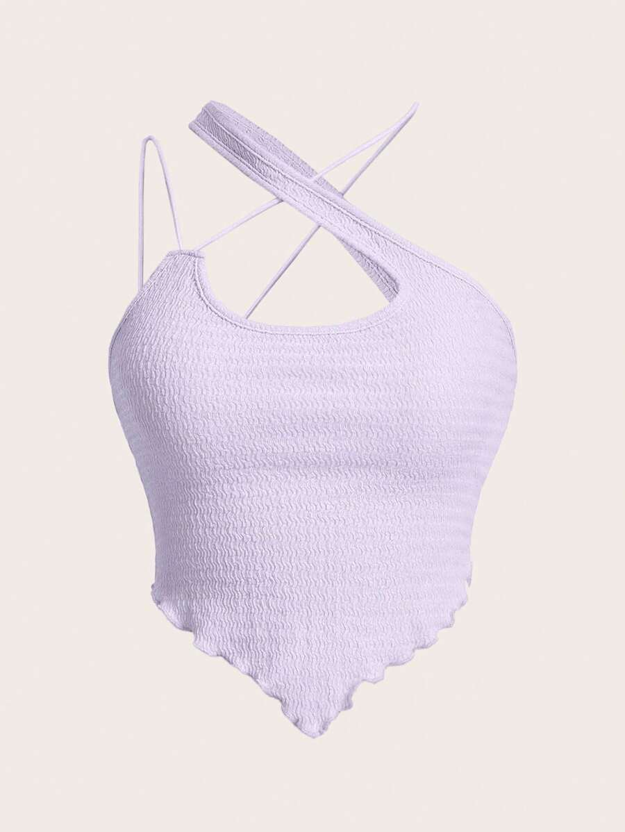 SHEIN ICON 素色不對稱領木耳邊上衣 - 紫丁香色 - 查看 1