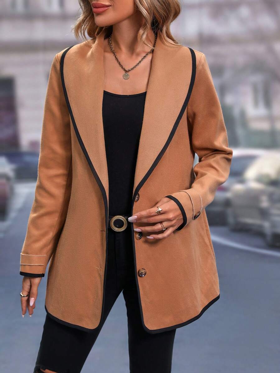 SHEIN LUNE Contrast Binding Shawl Collar Overcoat