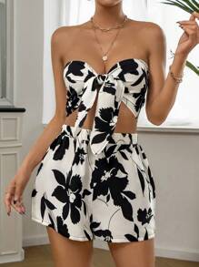 SHEIN VCAY Floral Print Knot Front Tube Top & Shorts - White - View 6