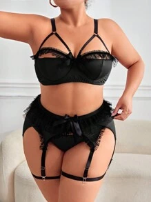 Plus Frill Trim Harness Garter Lingerie Set - Black - View 1