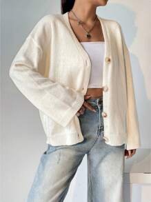 SHEIN Unity 1pc Drop Shoulder Button Front Cardigan,Long Sleeve Tops - Apricot - View 5