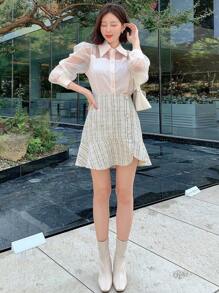 DAZY Plaid Button Front Ruffle Hem Skirt,Back To School Clothes Fall,Winter - White - View 6