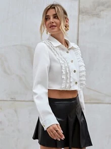 SHEIN Privé Solid Ruffle Trim Button Front Shirt - White - View 5
