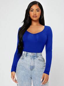 SHEIN PETITE Solid V Neck Tee - Royal Blue - View 5