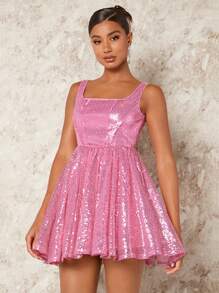 SHEIN BAE 聖誕方領亮片喇叭下擺洋裝 - 金色 - 查看 3