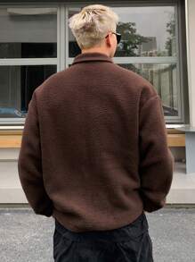 DAZY Men Letter Patched Drop Shoulder Teddy Jacket,Thermal Lined Fall,Winter - Brown - View 2