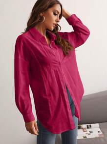 SHEIN LUNE 落肩口袋贴布衬衫 - 玫紅色 - 查看 5