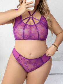 Talla grande Set de lencería con encaje floral - Morado - Ver 1