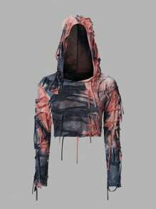 EgrlEra Tie Dye Ripped Drawstring Hoodie - Multicolor - View 1