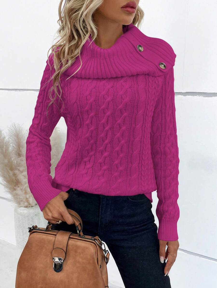 EMERY ROSE Suéter de punto con detalle de botones y mangas raglán para otoño e invierno - Rosa Fucsia - Ver 1