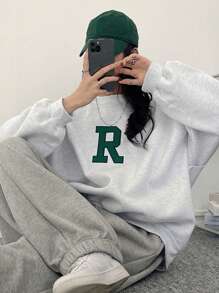 DAZY Letter Graphic Drop Shoulder Pullover,Long Sleeve Tops,Fall Clothes Sweatshirt - Light Grey - View 8