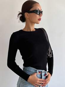 DAZY Solid Ribbed Knit Sweater,Long Sleeve Tops,Fall Clothes - Black - View 7