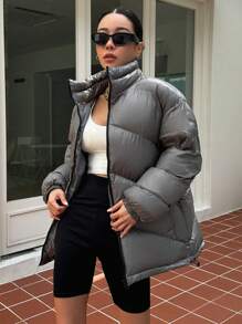 DAZY 拉链抽绳下摆加厚口袋加厚外套，女士冬季外套夹克 - 灰色 - 查看 3