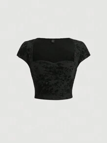 SHEIN MOD 花卉圖案提花雞心領口T恤 - 黑色 - 查看 1