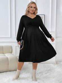 SHEIN 孕婦大碼前扭結洋裝 - 黑色 - 查看 1