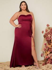 SHEIN Belle Burgundy Red Plus Split Thigh Bridesmaid Dress - Burgundy - View 5
