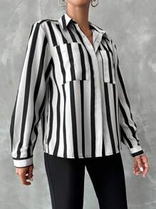 SHEIN Cottnline Striped Print Pocket Patched Shirt - Black and White - View 5