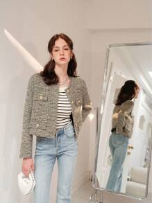 Flap Detail Button Placket Tweed Overcoat - Multicolor - View 2