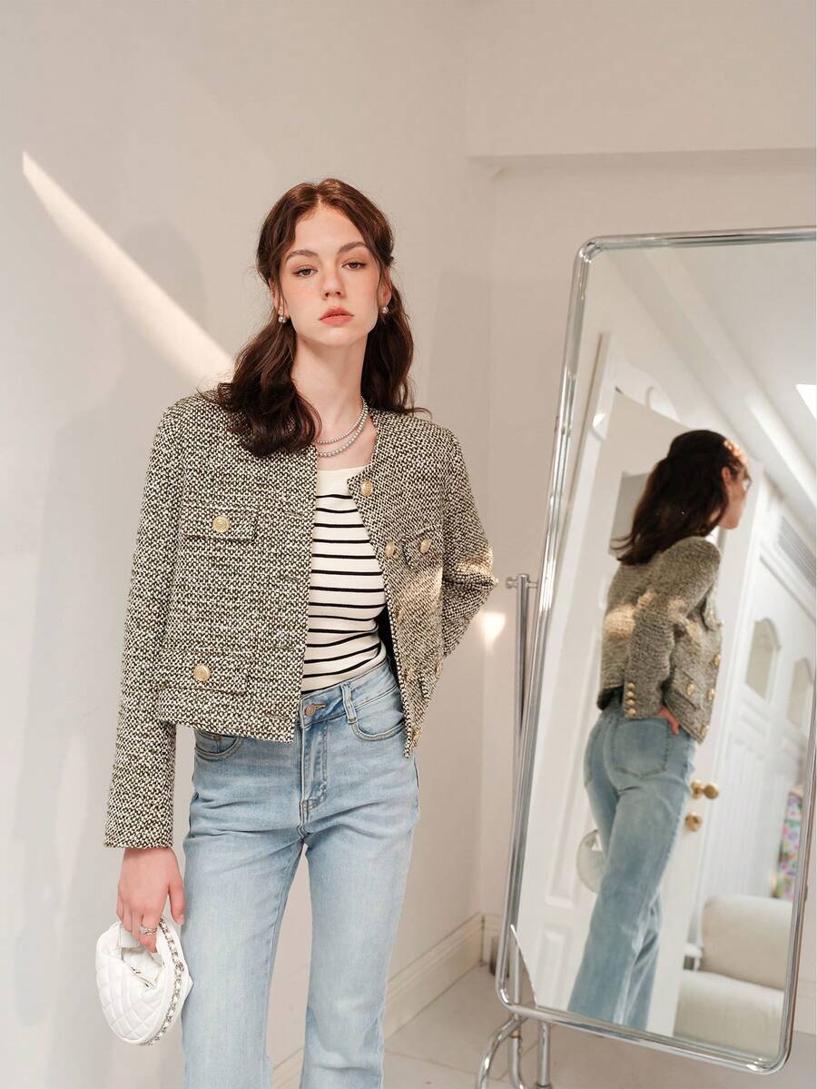 Flap Detail Button Placket Tweed Overcoat