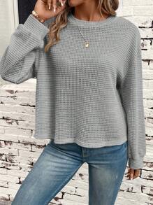 SHEIN LUNE 素色落肩袖華夫格編織運動衫 - 霧霾藍 - 查看 3