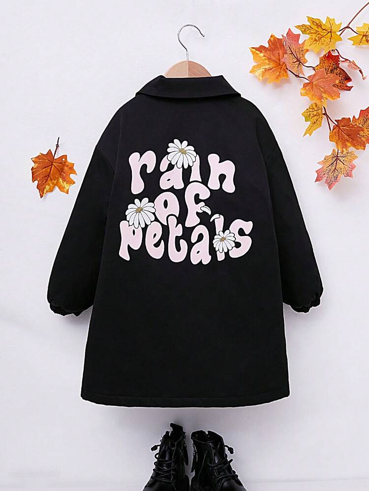 Girls Letter Floral Graphic Zip Up Slant Pocket Drop Shoulder Coat