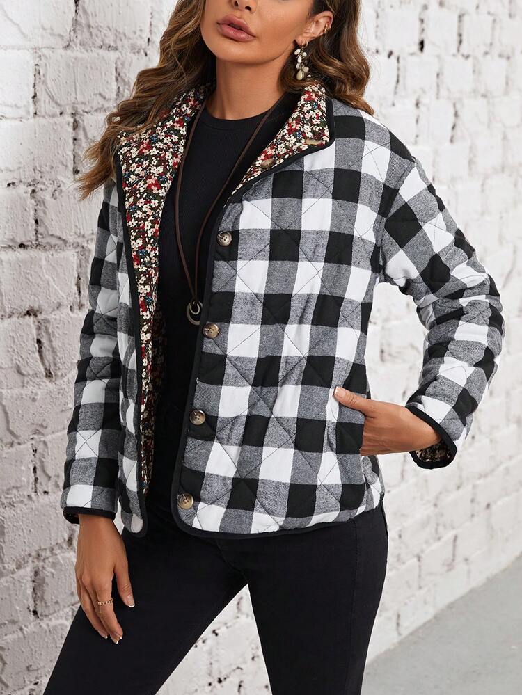 Ditsy Floral & Buffalo Plaid Drop Shoulder Padded Coat