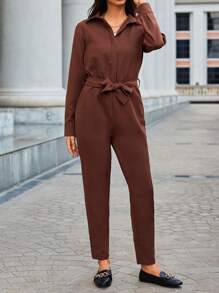 EURMUSE Solid Belted Shirt Jumpsuit - Brown - View 2
