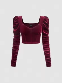 SHEIN MOD Cổ Trái tim Nhung Top Cây trồng - Màu Đỏ Sâu - Xem 1
