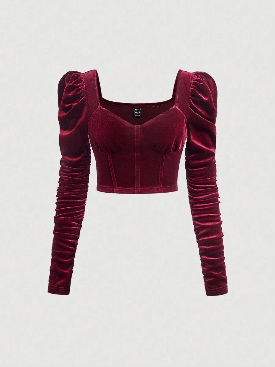 SHEIN MOD Cổ Trái tim Nhung Top Cây trồng - Màu Đỏ Sâu - Xem 1