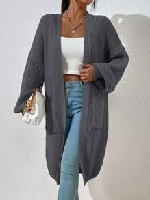 EMERY ROSE Dual Pocket Drop Shoulder Cardigan,Long Sleeve Tops Fall Winter Cloth For Women - Dark Grey - View 5