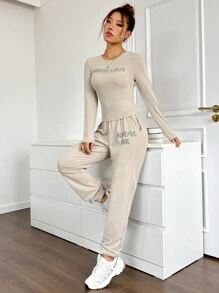 Muchica Conjunto de camiseta con estampado de letras y pantalón de chándal casual, otoño - Beis - Ver 6