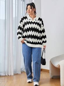 SHEIN EZwear Plus Chevron Pattern Drop Shoulder Sweater - Black and White - View 5