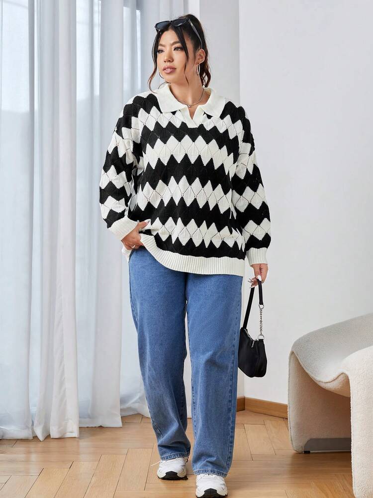 Plus Chevron Pattern Drop Shoulder Sweater