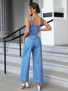 SHEIN Essnce Zip Back Wide Leg Denim Overalls - Light Wash - View 2