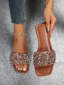 Women's Large Size Flat Sandals, Summer Slippers With Rhinestone Decoration, Beach Shoes - Gold - View 3