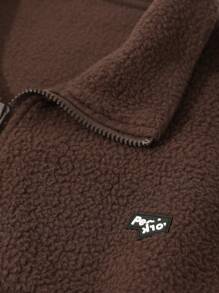 DAZY Men Letter Patched Drop Shoulder Teddy Jacket,Thermal Lined Fall,Winter - Brown - View 7