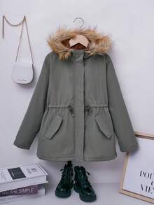 SHEIN 女大童抽繩腰部毛絨飾邊連帽保暖襯里外套 - 軍綠色 - 查看 4