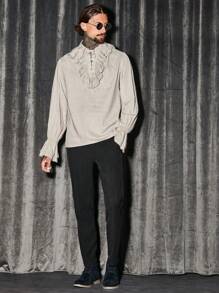 GENTILAND Men Ruffle Trim Flare Sleeve Shirt - Apricot - View 6