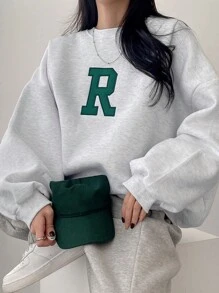 DAZY Letter Graphic Drop Shoulder Pullover,Long Sleeve Tops,Fall Clothes Sweatshirt - Light Grey - View 6